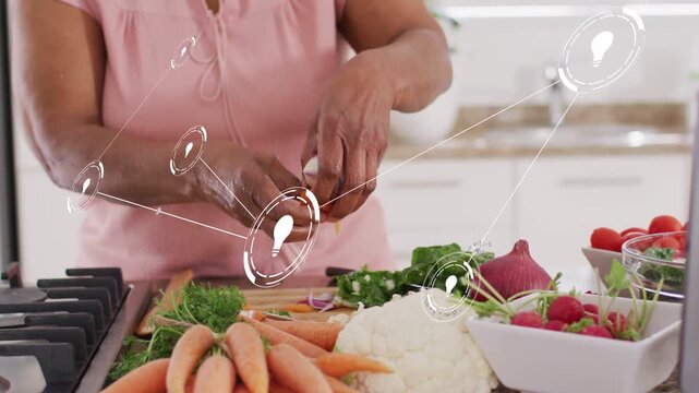 Woman trimming carrots, activating soft circular overlay, moving pieces into pot for culinary demo