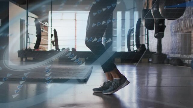 Woman jumping starting workout escalating to high knees overlay obscuring legs floor grabbing phone