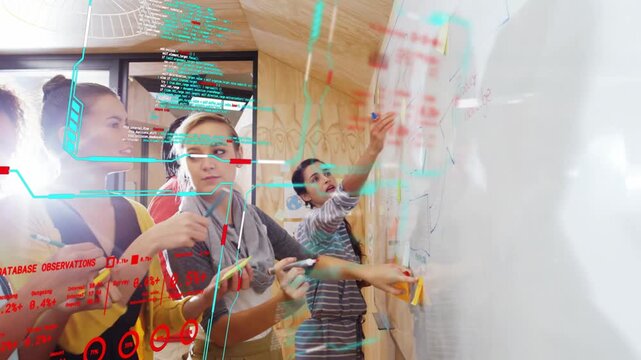 Lead reaching up, guiding team adding notes on whiteboard as HUD overlays appearing for business