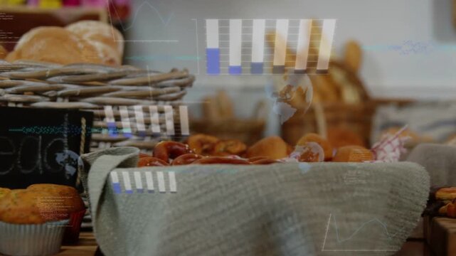Frames advancing, bakery display shifting, HUD bars growing, aligning over pastries for retail data