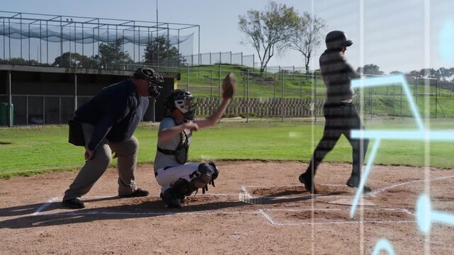 Vertical video: Swinging batter in helmet at plate running to 1st on pitch catcher rising with mitt