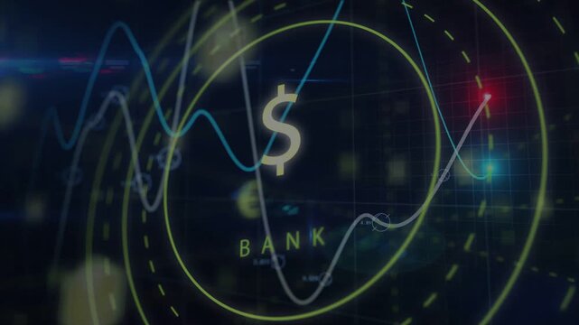 HUD banking display receiving live data feed, animating waveform graphs and pulsing markers