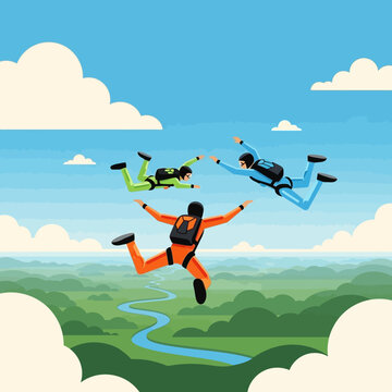Skydivers jumping in the air together.