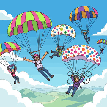 colorful illustration of people skydiving together.