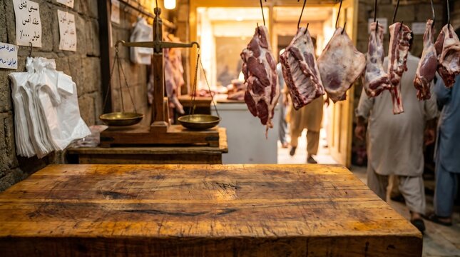 Eid al Adha Traditional butchery shop with raw meat hanging in a local market for food supply and retail commerce