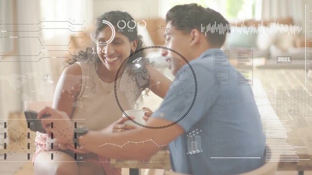 Man bringing phone, tapping screen, woman leaning, HUD graphics sweeping across for tech demo