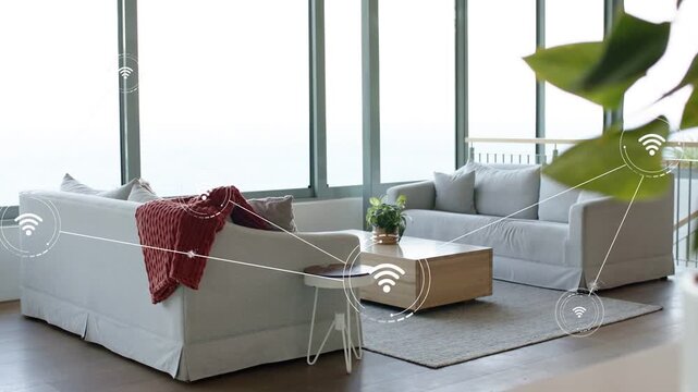 Center Wi-Fi icon appearing, sending lines and nodes across seating area to show connectivity mesh