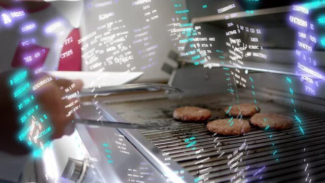 Home cook bringing tongs, lifting patty, aligning burgers for even cooking while AR overlay shifts