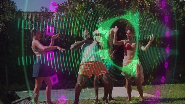Overlay appearing and pulsing, sparking four friends dancing at poolside for ads, obscuring bodies