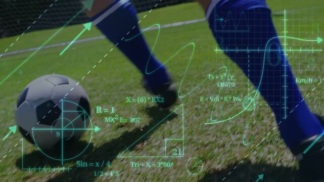 Man cleated foot contacting soccer ball guiding dribble while green HUD tracing path preparing shot