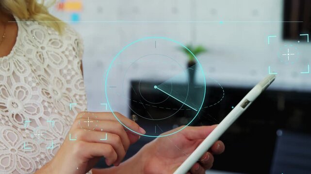 Female professional tapping white tablet, circular HUD sweeping face for technology facial analysis