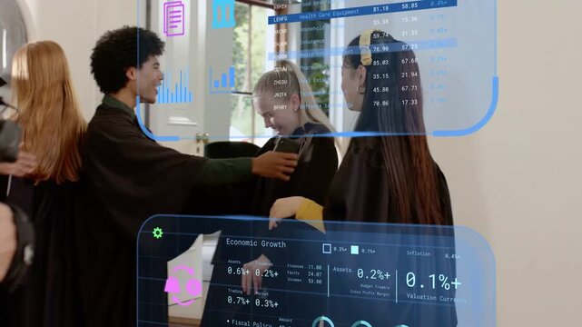 Grads entering foyer, hugging, celebrating and adjusting caps while finance UI following group flow