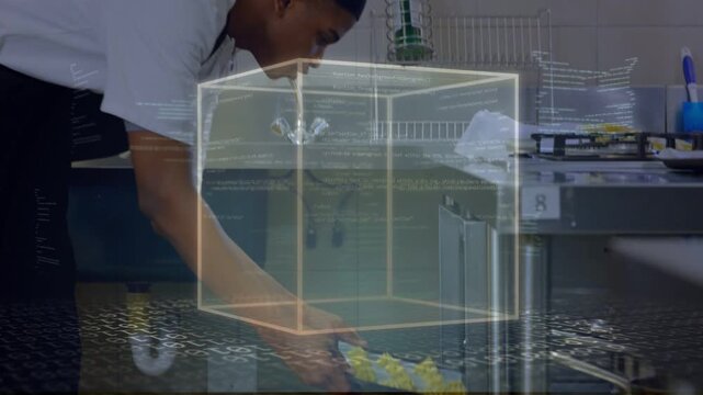 Hands delivering yellow dough tray initiating wireframe cube chef placing tray on rack for baking