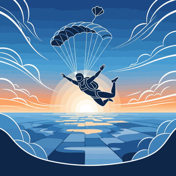 Person skydiving with parachute at sunset.