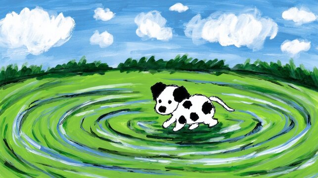 A playful puppy joyfully runs around in circles on a lush green field, surrounded by fluffy white clouds drifting in a clear blue sky. Its energy is infectious and brightens the scene