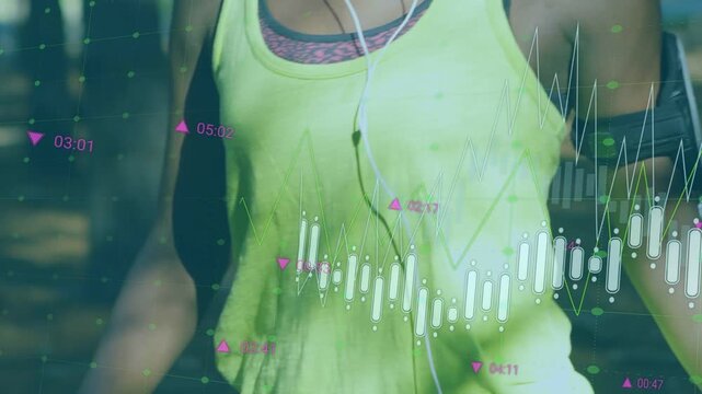 Woman adjusting armband then jogging on park trail, animated fitness charts tracking pace and heart