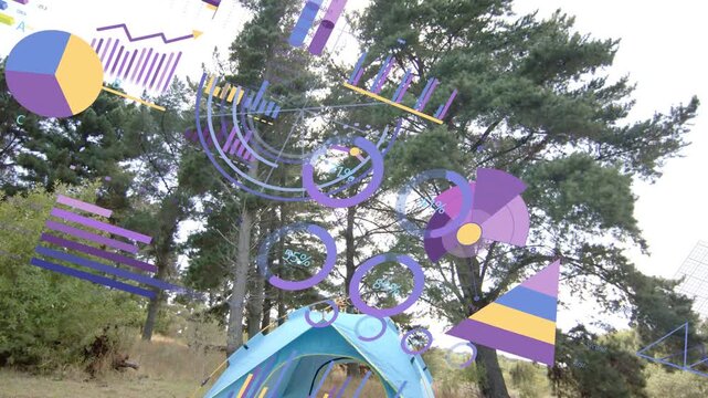 Infographics appearing, animating over turquoise tent, camera rotating, displaying campsite metrics