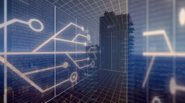 Dolly moving grid corridor forward, shifting right, showing skyline and binary, highlighting tech