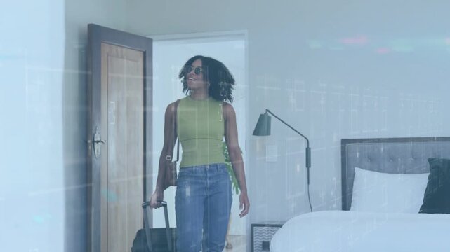 Woman entering hotel room, pulling suitcase and choosing placement while animated map marking spot