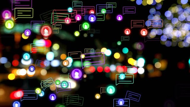 On start neon chat icons and bubbles appearing, clustering, drifting, visualizing urban chat