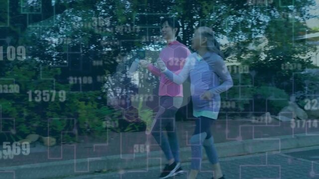 Mom and daughter walking path, daughter pointing ahead, hex overlay drifting, showing fitness data