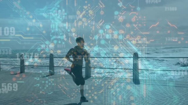 Woman running along promenade, frames advancing, overlay showing numeric fitness data over runner