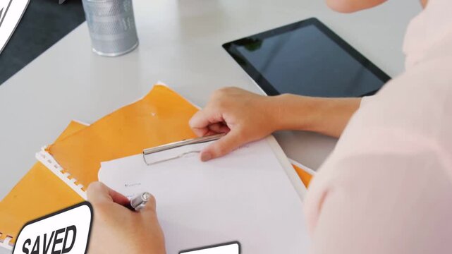 Woman placing clipboard and making mark, sending animated social labels across desk for marketing