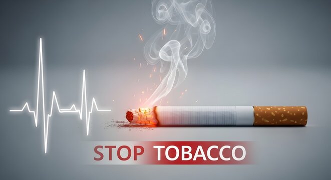 Cigarette burning with smoke and heartbeat line symbol, concept for health awareness and stop smoking