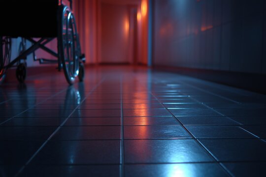 Empty wheelchair in hospital hallway low angle dramatic neon light