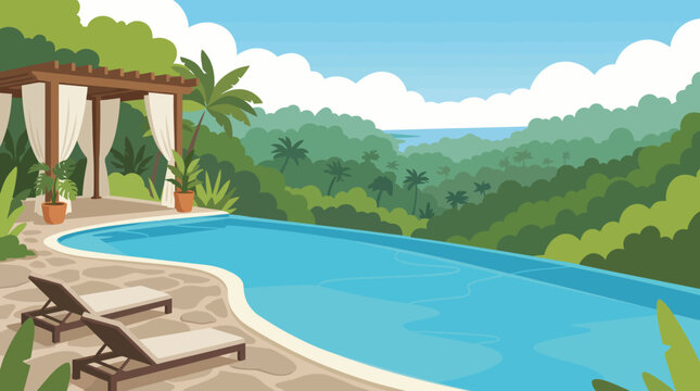 A peaceful poolside scene with comfortable lounge chairs and lush greenery, creating a perfect oasis for relaxation, leisure, and enjoyment of nature's beauty.
