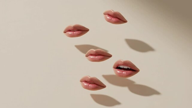 Multiple female lips floating on a beige background with soft shadows