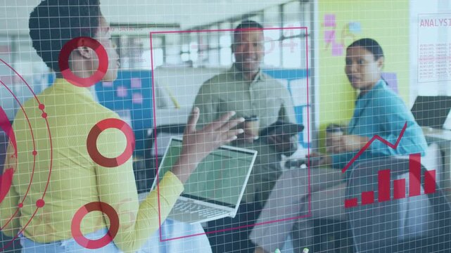Presenter woman showing laptop and gesturing, starting analytics overlays around team for review