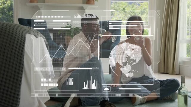 Man reaching offering wine glass, couple clinking celebrating, HUD charts globe overlaying for tech