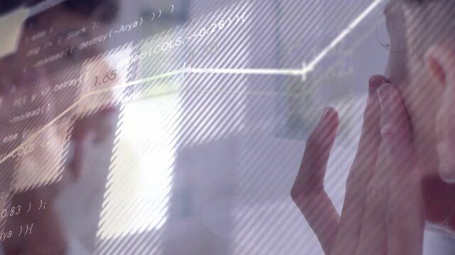 Man touching face shifting gaze at glass display, tech chart and code rising while checking data