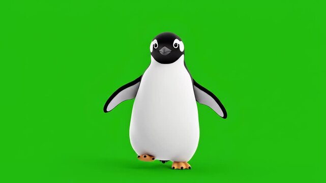 Playful Penguin's Stroll: A charming penguin, with its iconic black and white plumage, strides confidently against a vibrant green backdrop, exuding joy and playful energy.