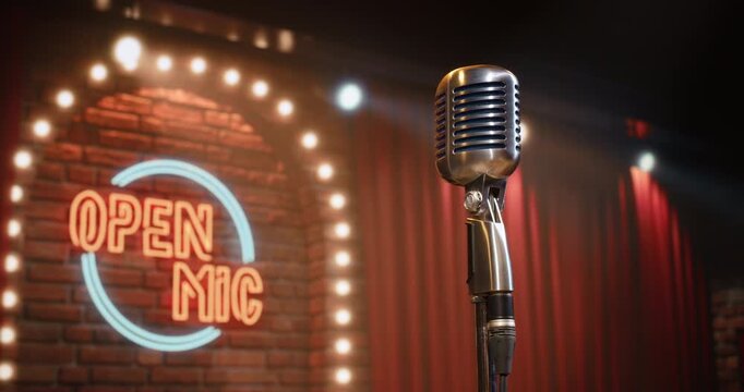 Vintage Microphone Stands Center Stage at a Comedy Club Open Mic Night, Ready for a Standup Set in an Empty Bar Venue, With No Audience or Performer, Glowing brass, Brick Wall, and Red Curtain.