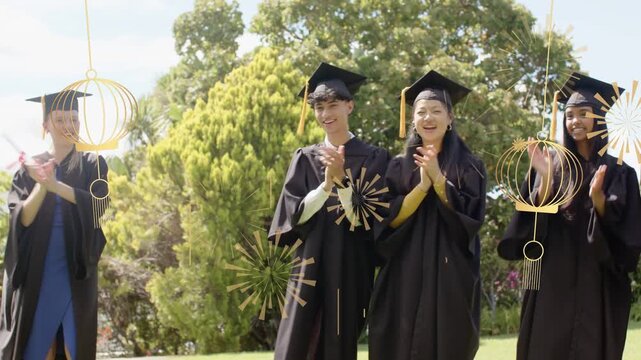 Grads standing, one stepping forward with diploma, gold overlays, peers clapping graduation