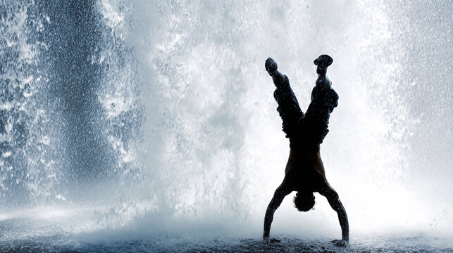 Athletic man performing handstand under waterfall, showing strength and balance in nature Concept of fitness, extreme sports, adventure, freedom, and human power in a powerful, refreshing, wet environ