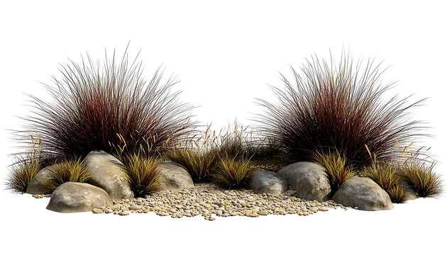 Dry desert grass and rocks on sand with pebbles, isolated over transparent background. png