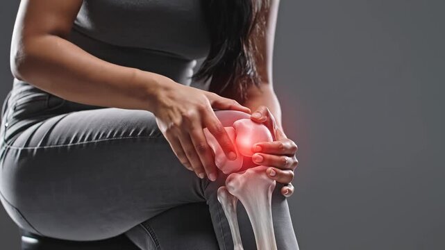 Woman holding knee with bone overlay representing modern medicine and scientific discovery