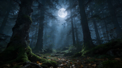 Fototapeta premium Moonlit misty forest with tall moss-covered pine trees and fallen leaves