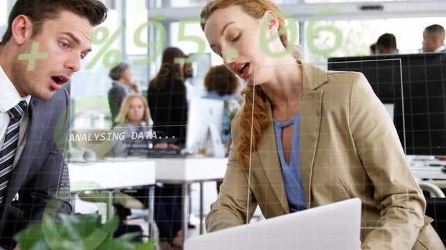 Woman placing laptop causing ANALYSING DATA HUD, man entering and pointing, both reviewing biz data