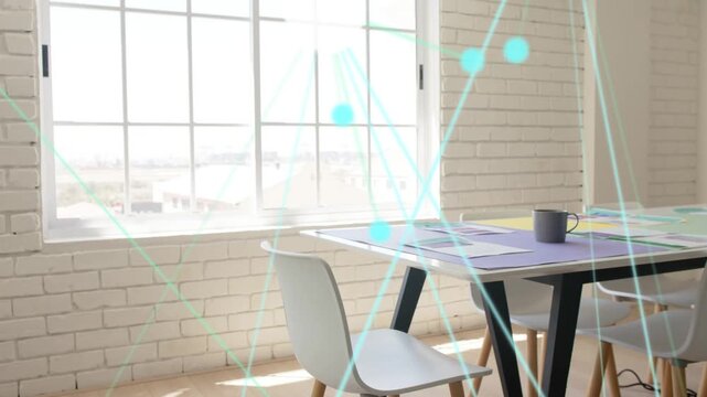 Turquoise dots appearing lower-left, multiplying and sweeping into network over table, showing flow