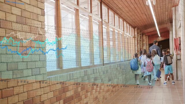 Teacher leading students walking hall, initiating animated graphs along windows for education