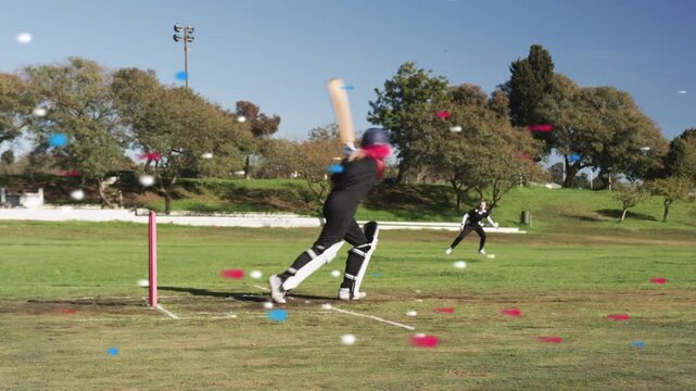 Woman cricket batter stepping on bowler release playing front-foot shot to score, confetti floating