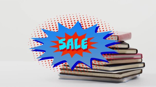 On start burst appearing over notebooks, pulsing expanding settling, showing SALE driving sales