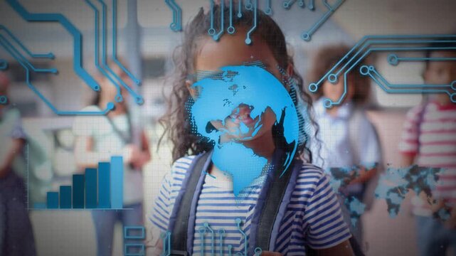 Schoolgirl holding straps, camera focusing, globe and charts orbiting head showing learning