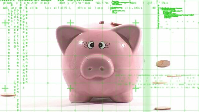Green digital grid appearing, initiating coin motion around piggy bank to visualize money flow