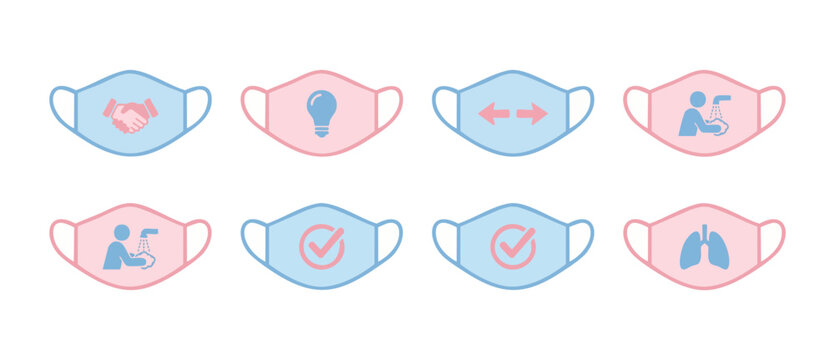 Face mask icons set with health safety symbols for pandemic prevention and hygiene guidelines on white background. Protective clinical face covers featuring icons for hand washing, distancing, and saf