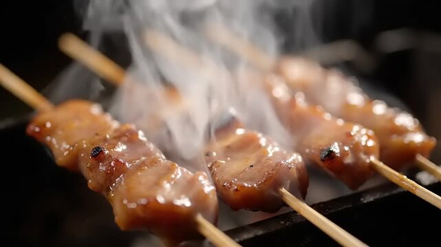 Delicious Chicken Skewers Grilling with Steam Rising.